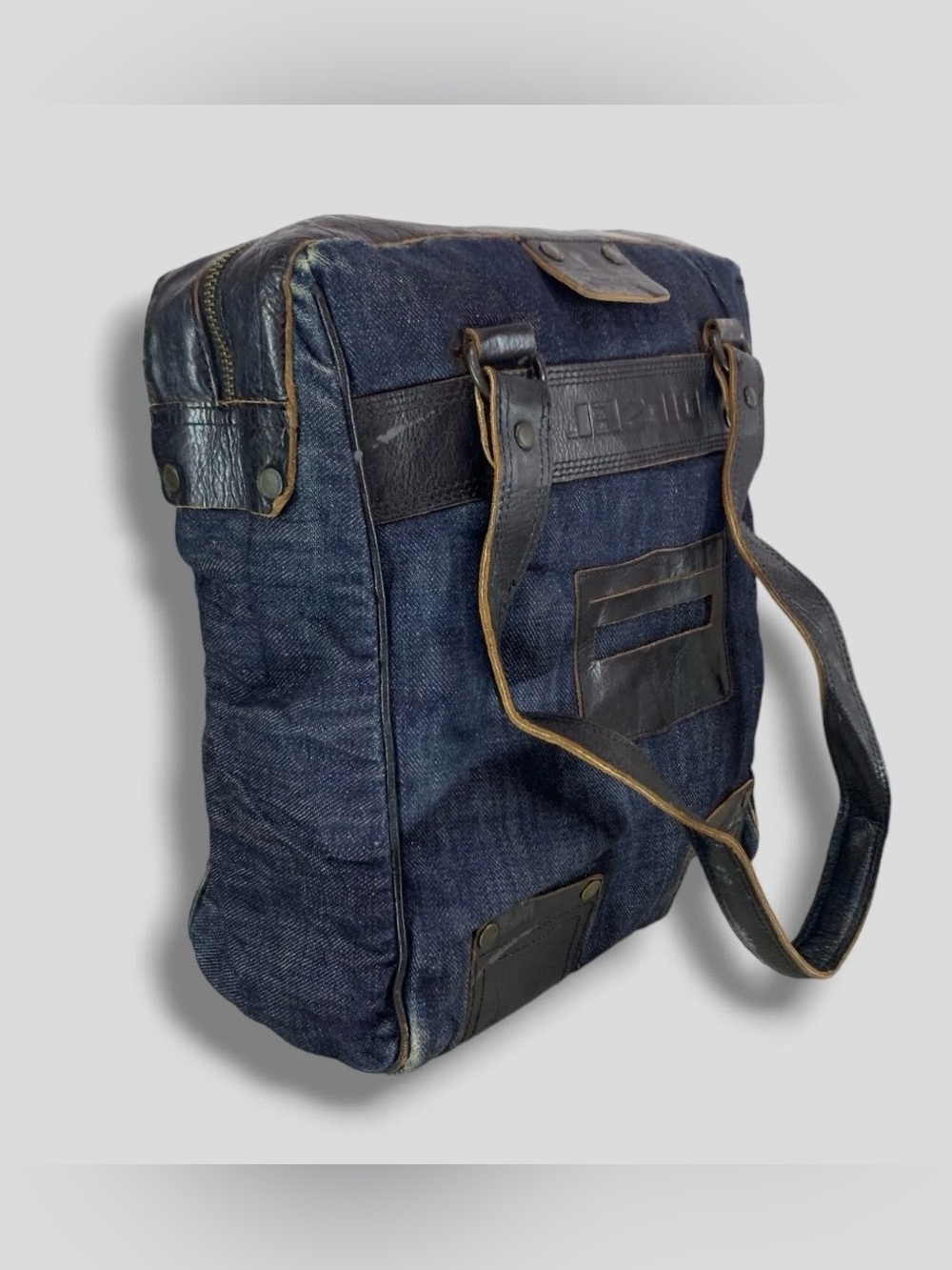 Diesel Y2K Denim Tote Bag with Black Leather Trim